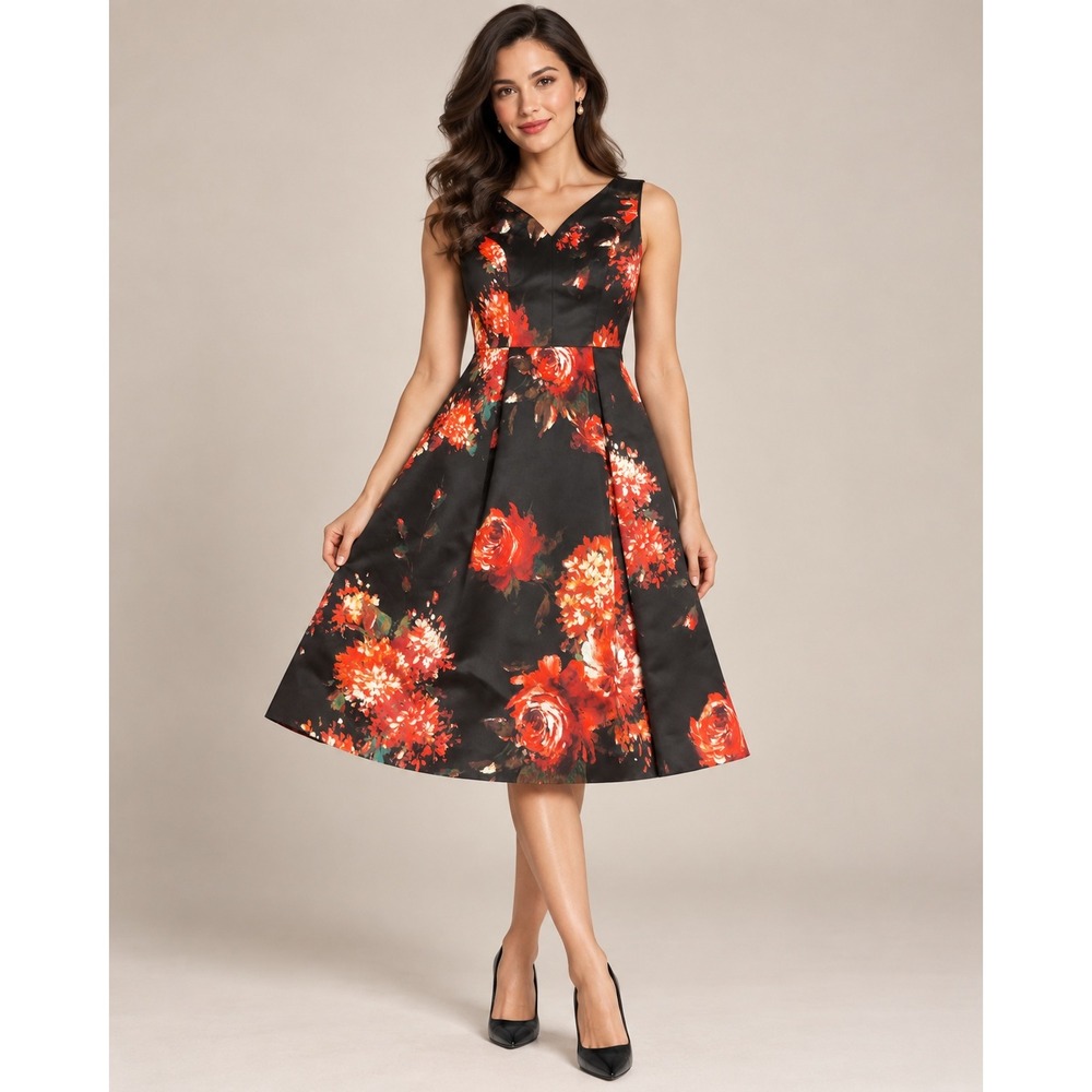 Rickie Freeman Teri Jon Floral V-Neck Fit & Flare Midi Dress Black Red 6